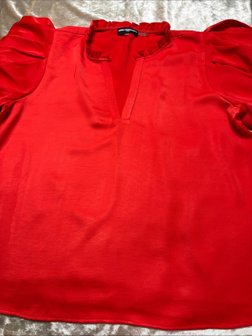 Karl Lagerfeld Bright Red V-Neck Puff Sleeve Blouse